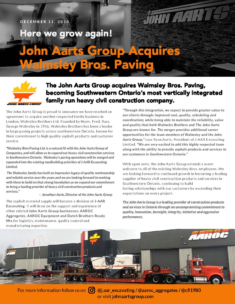 John Aarts Group acquires Walmsley Bros. Paving